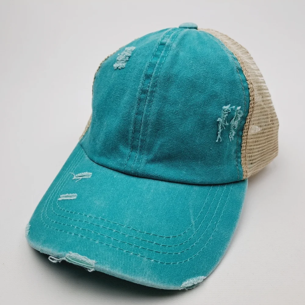 Ponytail Criss-cross Mesh Trucker Women's Cap Hat Distressed Blue